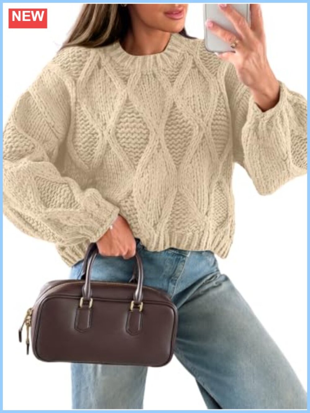 Cropped Cable Knit Sweater Oversized Long Sleeve Pullover Crew Neck